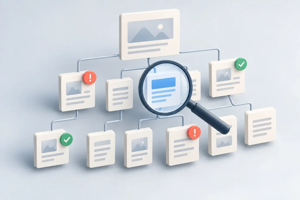 Website pages examined with an audit magnifying glass / 放大镜检查网站页面